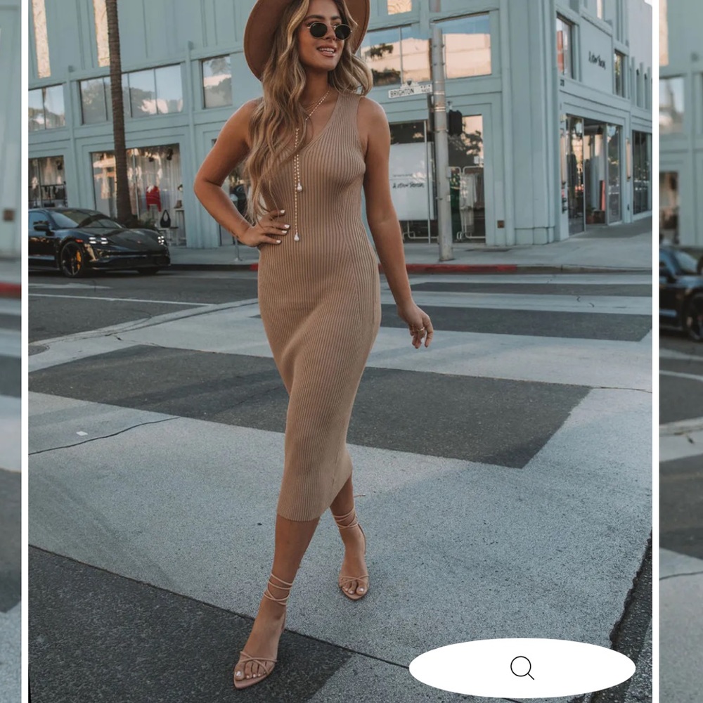 Vici Ryanne Sleeveless Ribbed Midi Dress in Tan